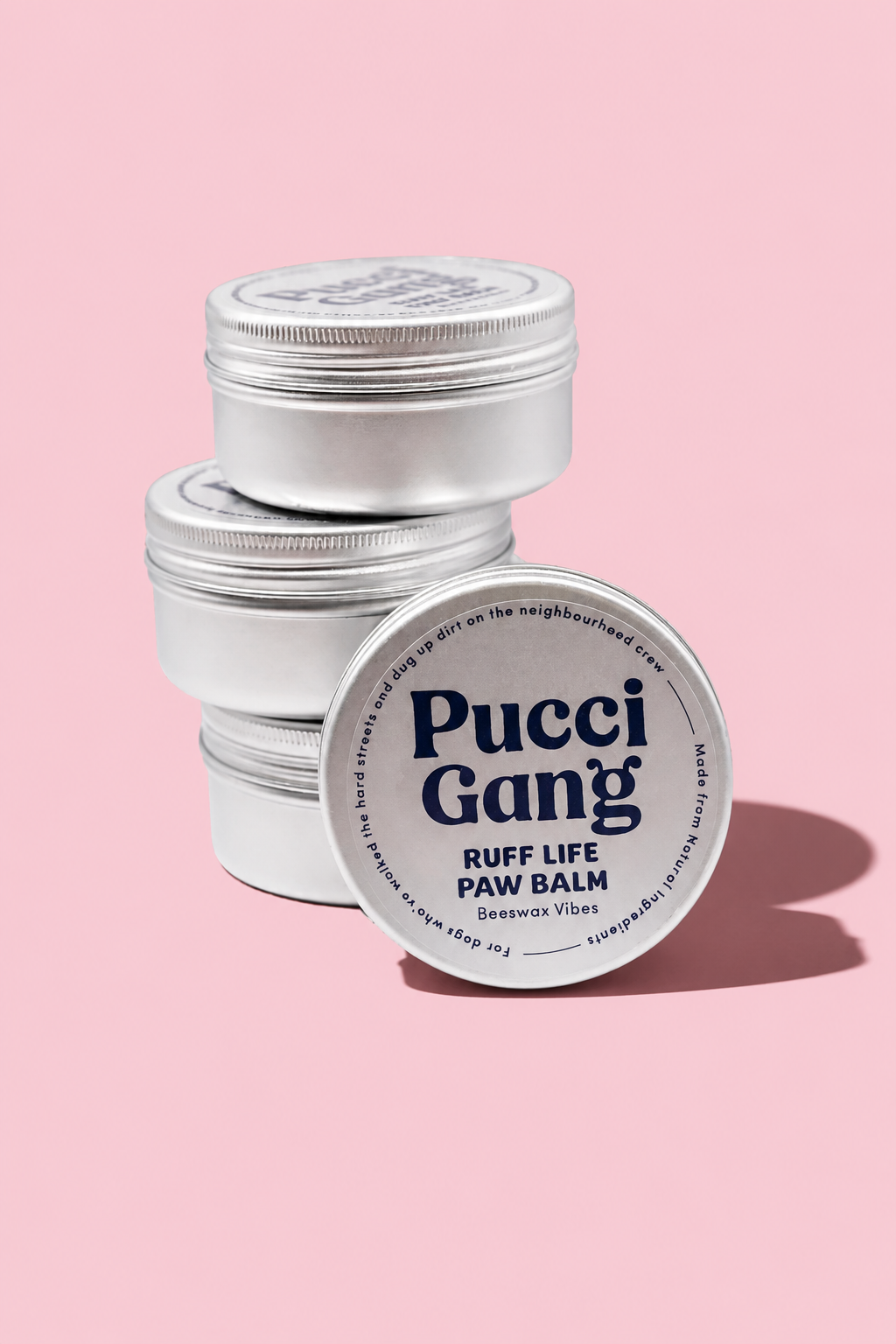 Pucci Gang Ruff Life Paw Balm, close-up of natural paw balm tin
